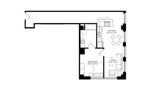 Floor plan for 1 bed, 1 bath, 703 sqft